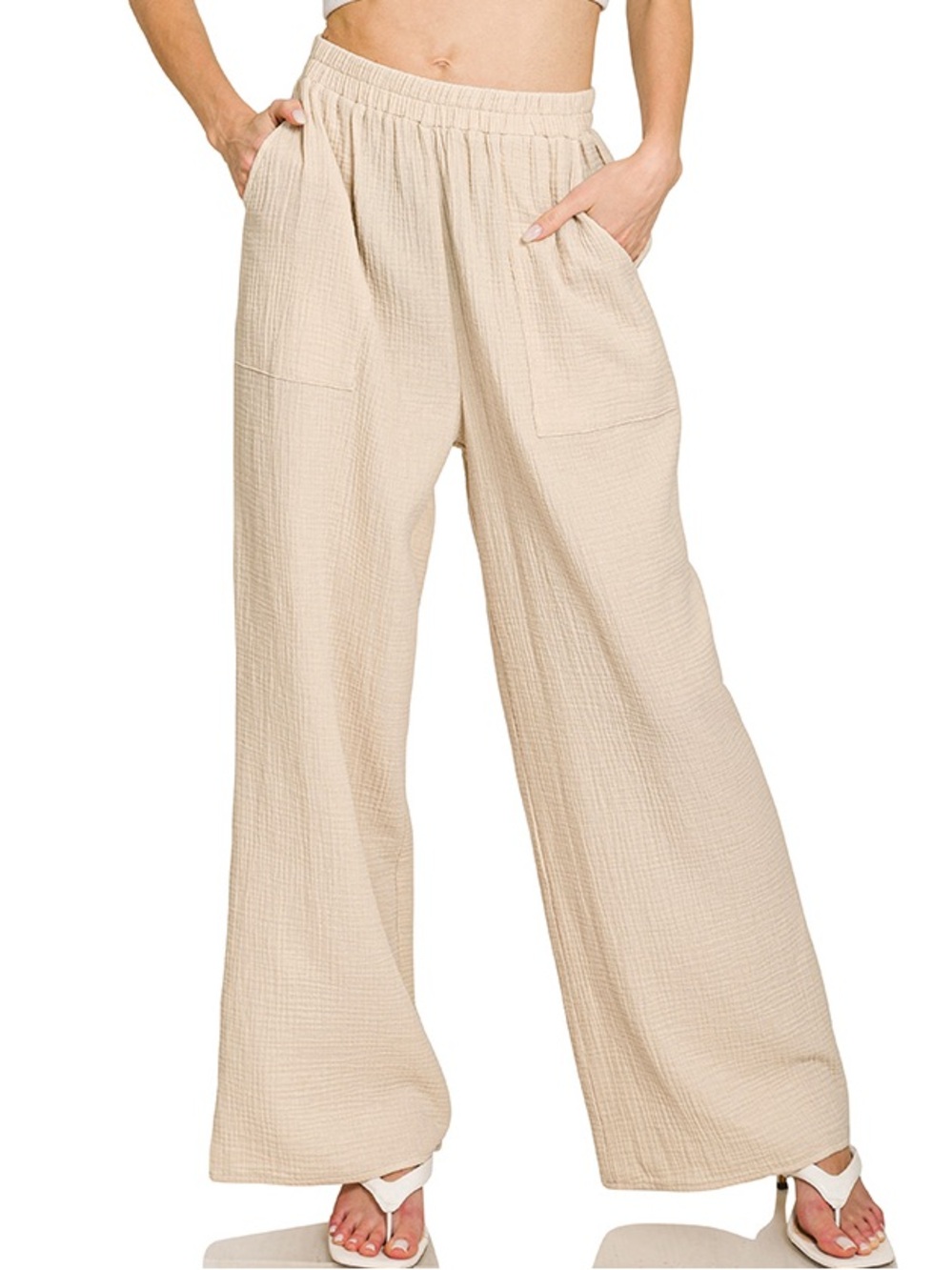 Zenana Outfitters Beige Wide-Leg Textured Pants
